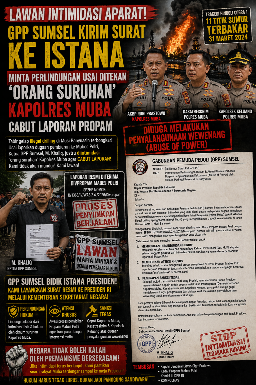 Lawan Intimidasi Aparat! GPP Sumsel Kirim Surat Ke Istana Minta Perlindungan Usai Ditekan ‘Orang Suruhan’ Kapolres Muba Cabut Laporan Propam