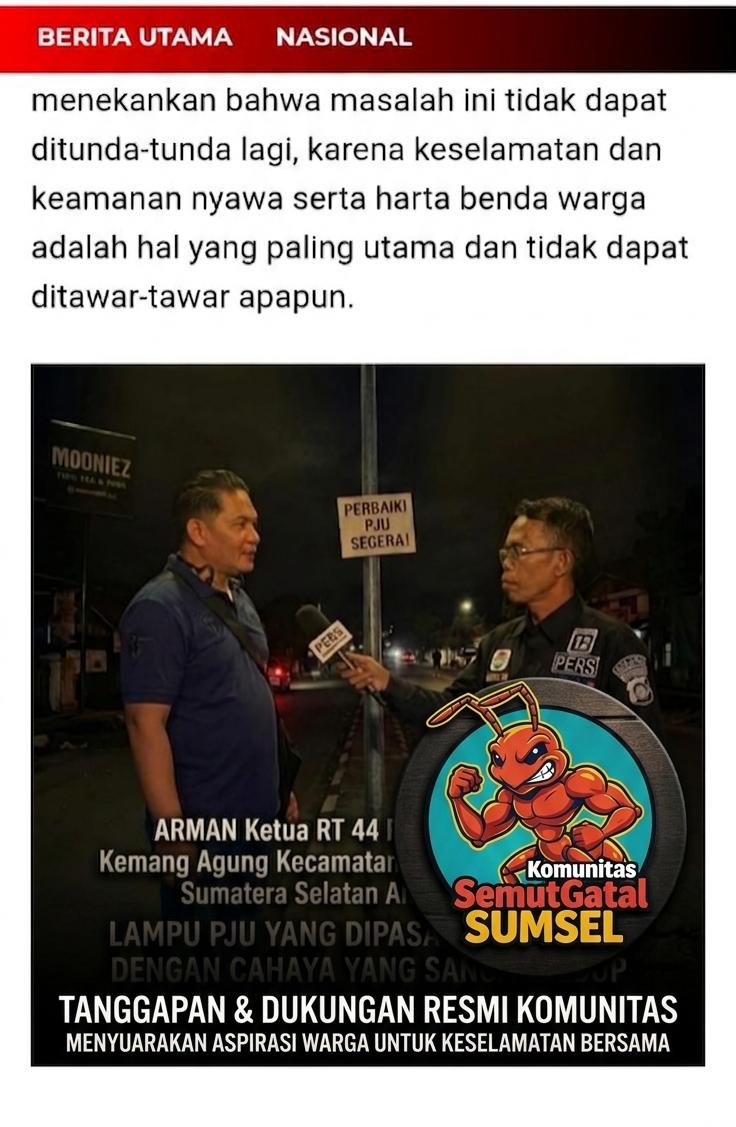 Komunitas SemutGatal Sumsel Tanggapi Pemberitaan Keluhan Warga Mengenai Lampu PJU di Jalan Kimarogan