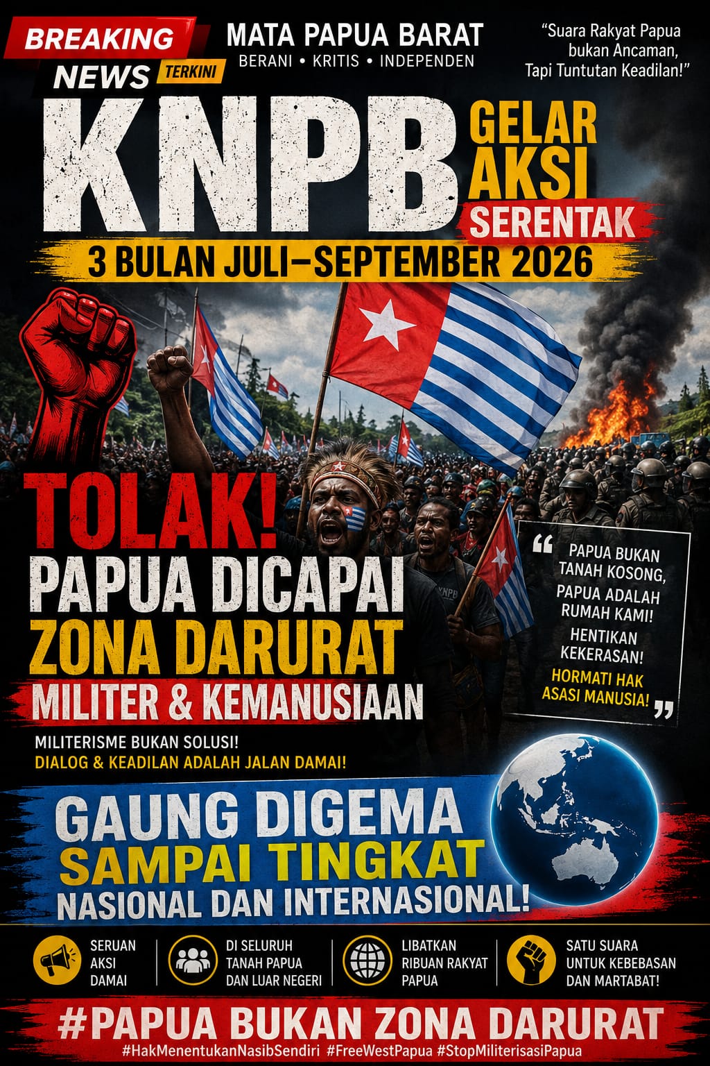 KNPB GELAR AKSI SERENTAK 3 BULAN JULI–SEPTEMBER 2026: TOLAK PAPUA DICAPAI ZONA DARURAT MILITER & KEMANUSIAAN, GAUNG DIGEMA SAMPAI TINGKAT NASIONAL DAN INTERNASIONAL